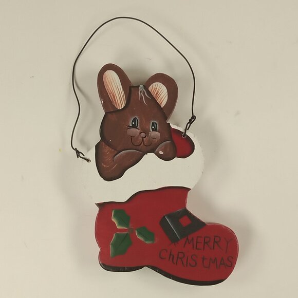 "Merry Christmas" Cute Bunny in Red Stocking Wooden Painted Christmas Ornament - Picture 1 of 3
